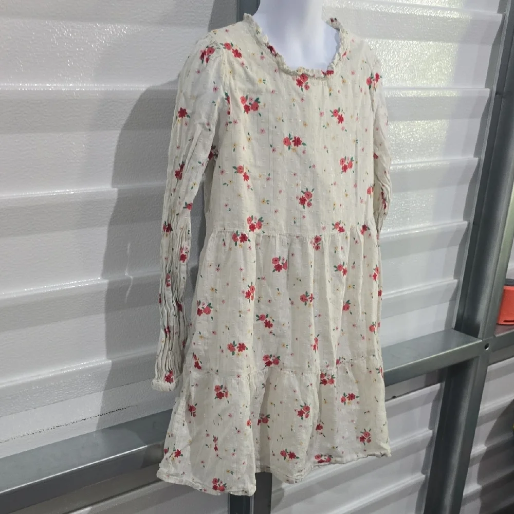 Cat & Jack Cream Red Floral Bishop Long‎  Sleeve Dress Size 7/8